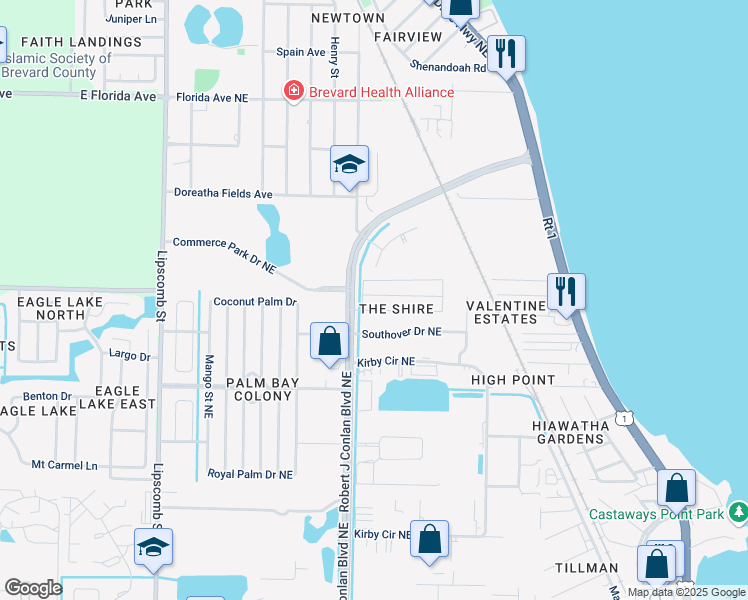 map of restaurants, bars, coffee shops, grocery stores, and more near 2516 Chatham Way Northeast in Palm Bay