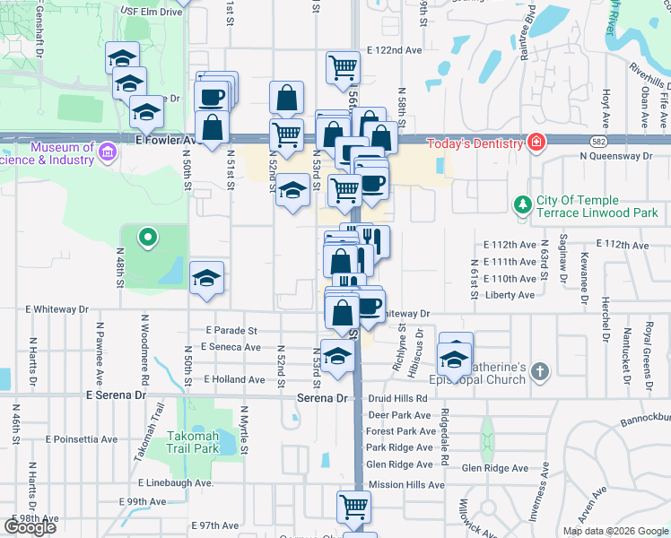 map of restaurants, bars, coffee shops, grocery stores, and more near 11131 Normandy Place in Temple Terrace
