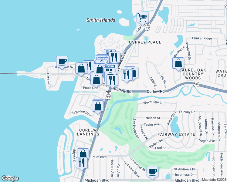 map of restaurants, bars, coffee shops, grocery stores, and more near 901 Curlew Road in Dunedin