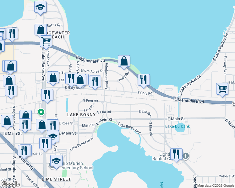 map of restaurants, bars, coffee shops, grocery stores, and more near 1620 East Fern Road in Lakeland
