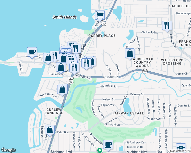 map of restaurants, bars, coffee shops, grocery stores, and more near 1165 Curlew Road in Dunedin