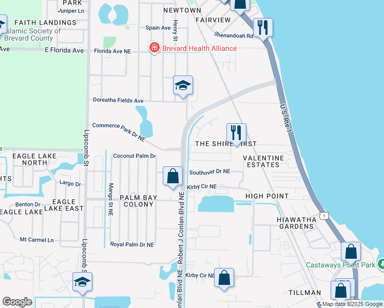 map of restaurants, bars, coffee shops, grocery stores, and more near 2508 Chatham Way Northeast in Palm Bay