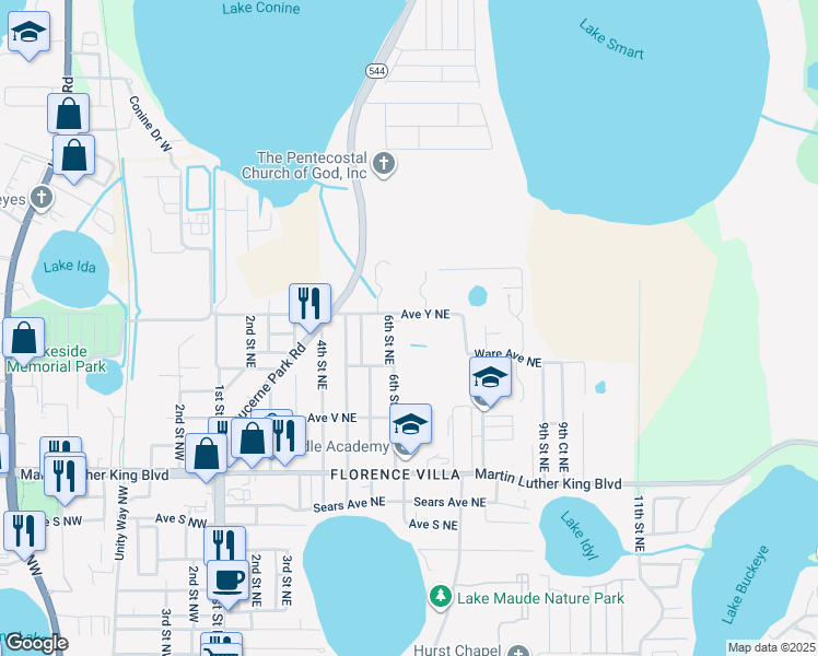 map of restaurants, bars, coffee shops, grocery stores, and more near 2430 6th Street Northeast in Winter Haven