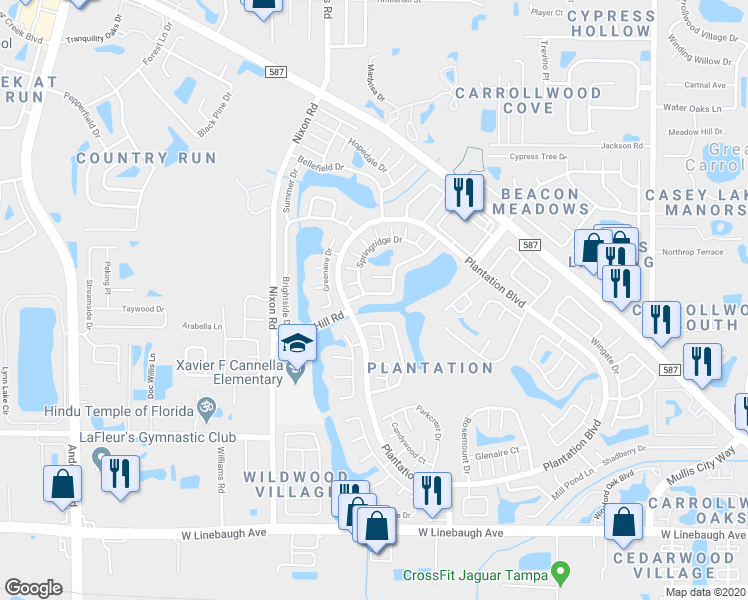 map of restaurants, bars, coffee shops, grocery stores, and more near 10769 Glen Ellen Drive in Tampa
