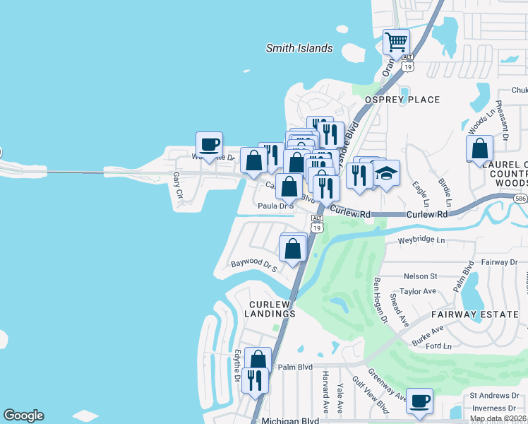 map of restaurants, bars, coffee shops, grocery stores, and more near 572 Baywood Drive West in Dunedin
