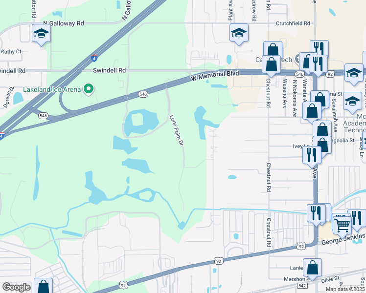 map of restaurants, bars, coffee shops, grocery stores, and more near 621 Lone Palm Drive in Lakeland