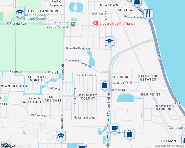 map of restaurants, bars, coffee shops, grocery stores, and more near 1978 Seagrape Street Northeast in Palm Bay
