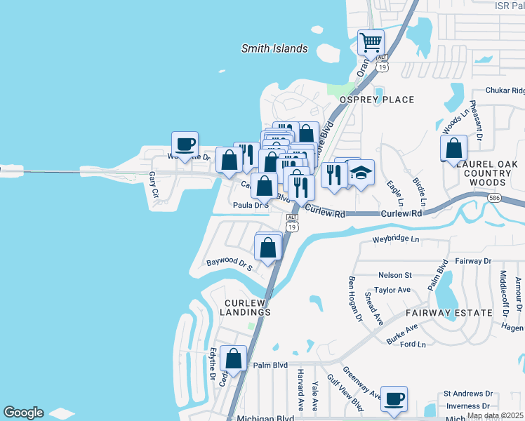 map of restaurants, bars, coffee shops, grocery stores, and more near 594 Baywood Drive North in Dunedin