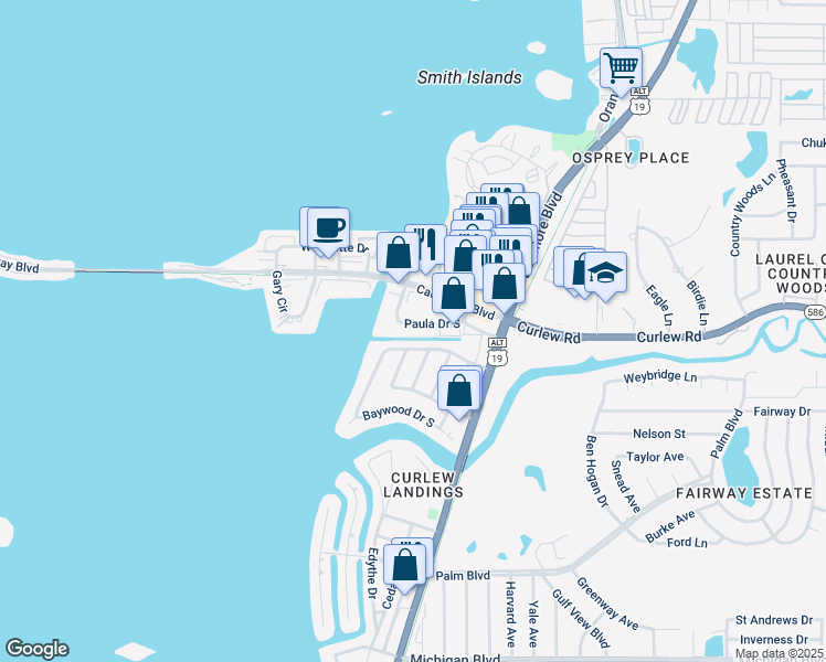 map of restaurants, bars, coffee shops, grocery stores, and more near 572 Baywood Drive West in Dunedin