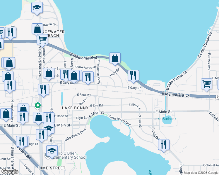 map of restaurants, bars, coffee shops, grocery stores, and more near 1720 East Fern Road in Lakeland