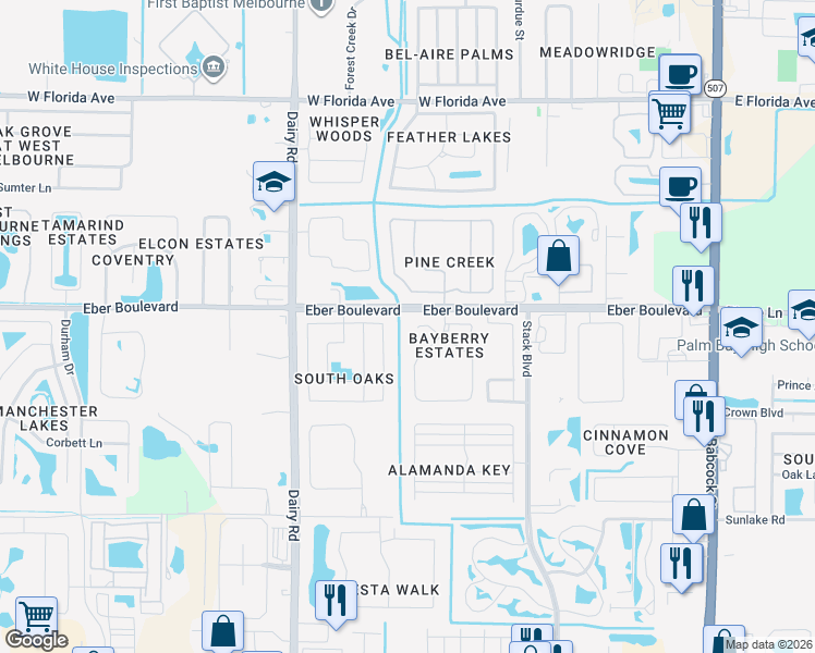 map of restaurants, bars, coffee shops, grocery stores, and more near 1060 South Fork Circle in Melbourne