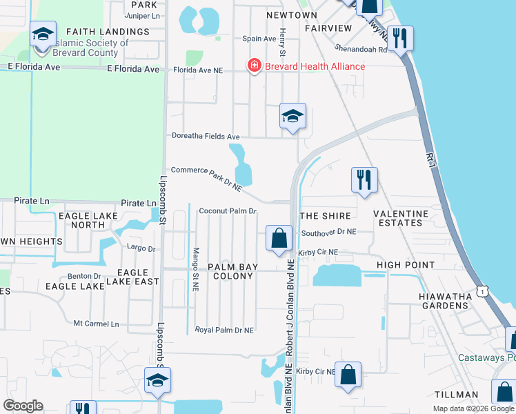 map of restaurants, bars, coffee shops, grocery stores, and more near 1978 Seagrape Street Northeast in Palm Bay