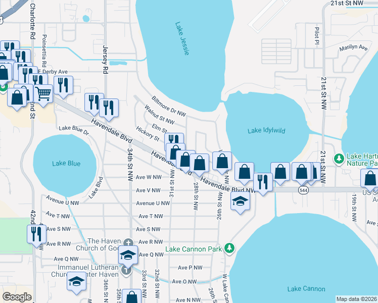 map of restaurants, bars, coffee shops, grocery stores, and more near 2365 29th Street Northwest in Winter Haven