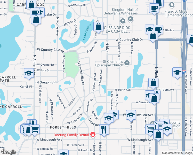 map of restaurants, bars, coffee shops, grocery stores, and more near 10903 North Newport Avenue in Tampa