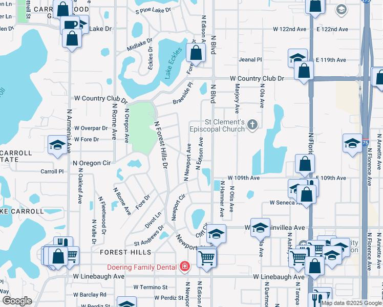 map of restaurants, bars, coffee shops, grocery stores, and more near 10903 North Newport Avenue in Tampa