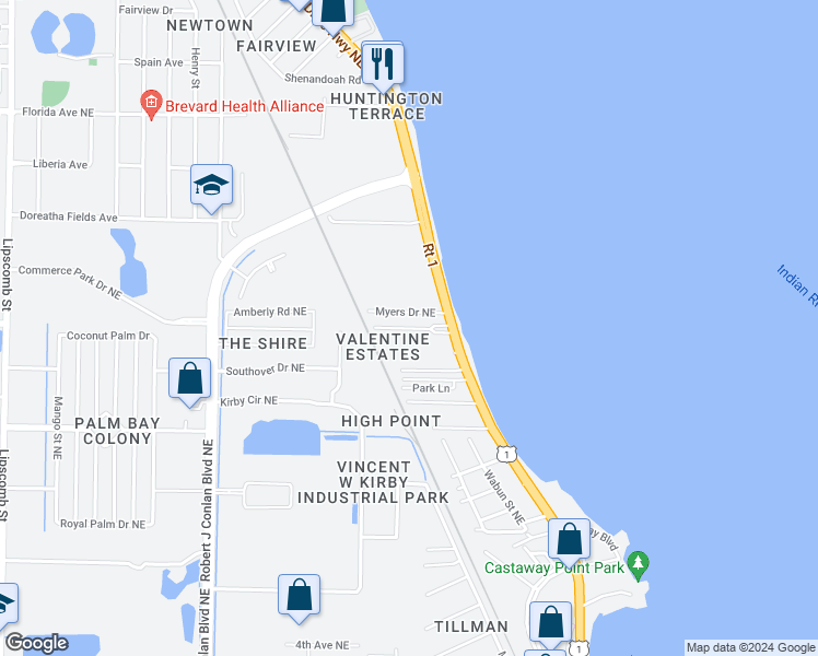 map of restaurants, bars, coffee shops, grocery stores, and more near Unnamed Road in Palm Bay