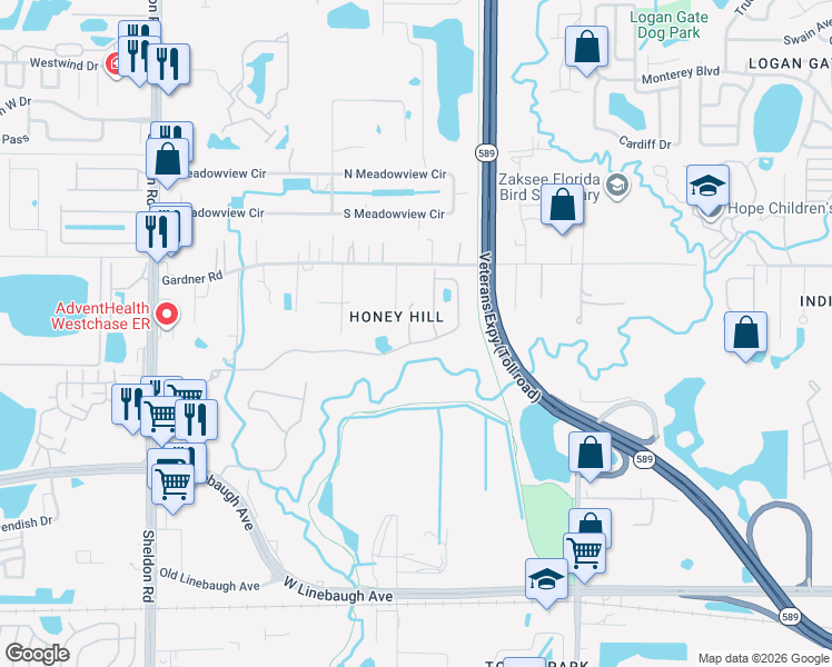 map of restaurants, bars, coffee shops, grocery stores, and more near 8108 Praise Drive in Citrus Park