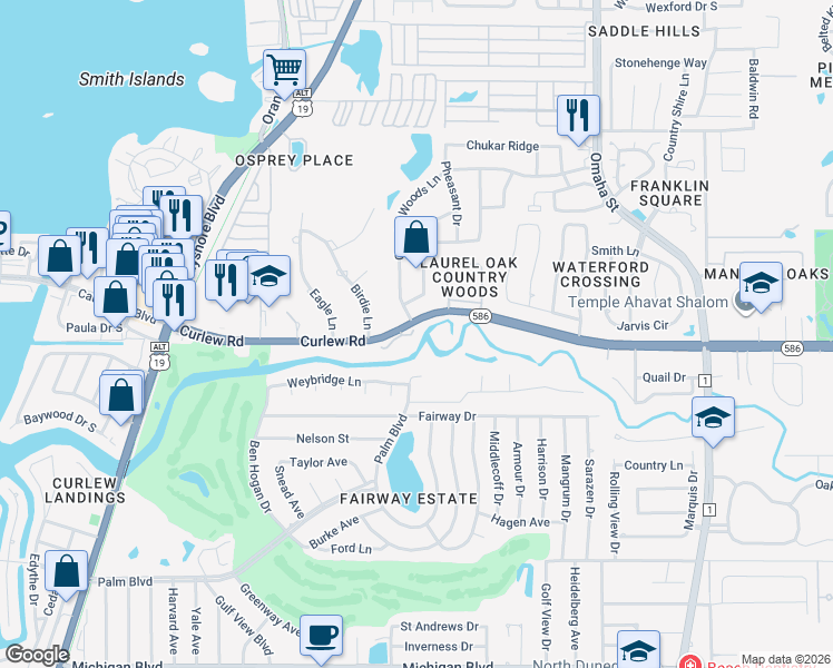 map of restaurants, bars, coffee shops, grocery stores, and more near 1359 Curlew Road in Dunedin