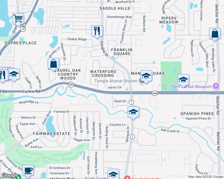 map of restaurants, bars, coffee shops, grocery stores, and more near 2705 Jarvis Circle in Palm Harbor