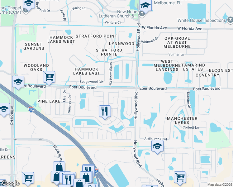 map of restaurants, bars, coffee shops, grocery stores, and more near 3864 Southwind Drive in Melbourne