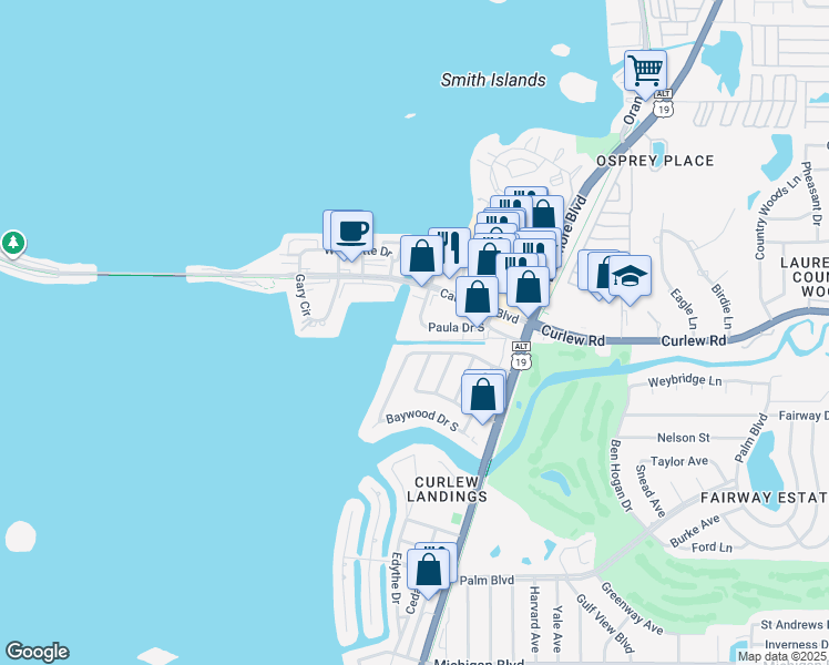 map of restaurants, bars, coffee shops, grocery stores, and more near 536 Baywood Drive North in Dunedin