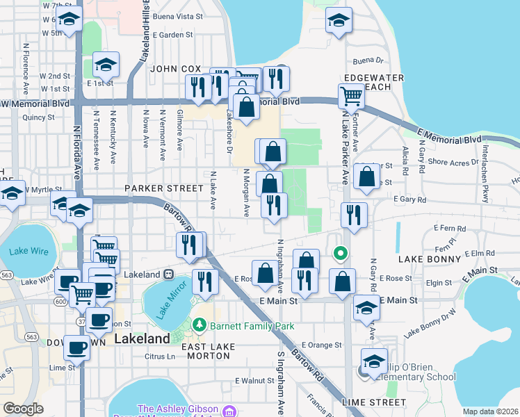 map of restaurants, bars, coffee shops, grocery stores, and more near 421 North Morgan Avenue in Lakeland