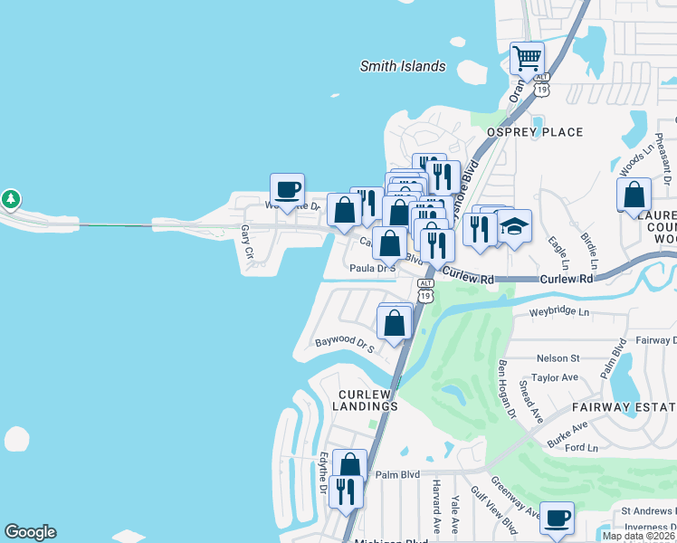 map of restaurants, bars, coffee shops, grocery stores, and more near 536 Baywood Drive North in Dunedin