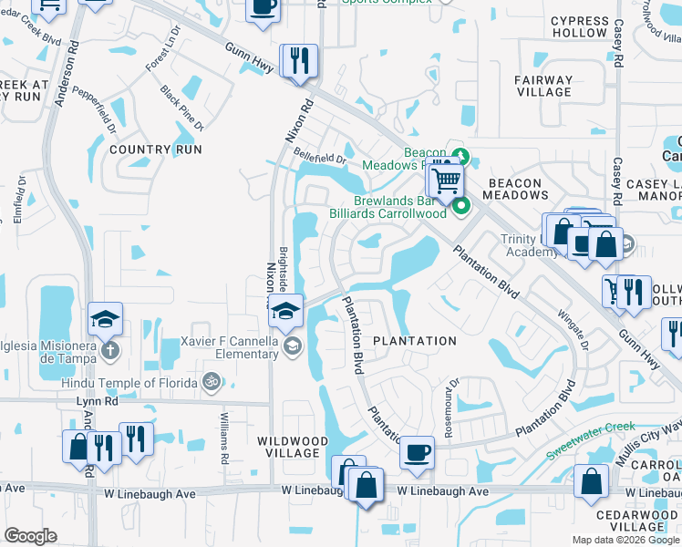map of restaurants, bars, coffee shops, grocery stores, and more near 5141 Springwood Drive in Tampa