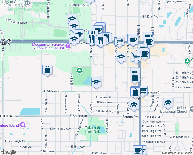 map of restaurants, bars, coffee shops, grocery stores, and more near 5007 East 110th Avenue in Tampa