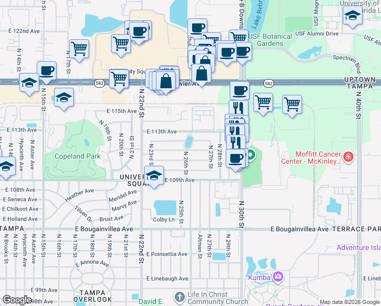 map of restaurants, bars, coffee shops, grocery stores, and more near 2329 East 110th Avenue in Tampa