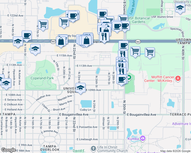 map of restaurants, bars, coffee shops, grocery stores, and more near 2329 East 110th Avenue in Tampa