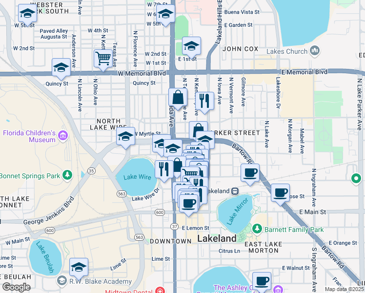 map of restaurants, bars, coffee shops, grocery stores, and more near 117 East Magnolia Street in Lakeland