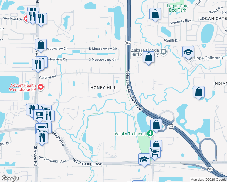 map of restaurants, bars, coffee shops, grocery stores, and more near 10924 Kidron Valley Lane in Citrus Park