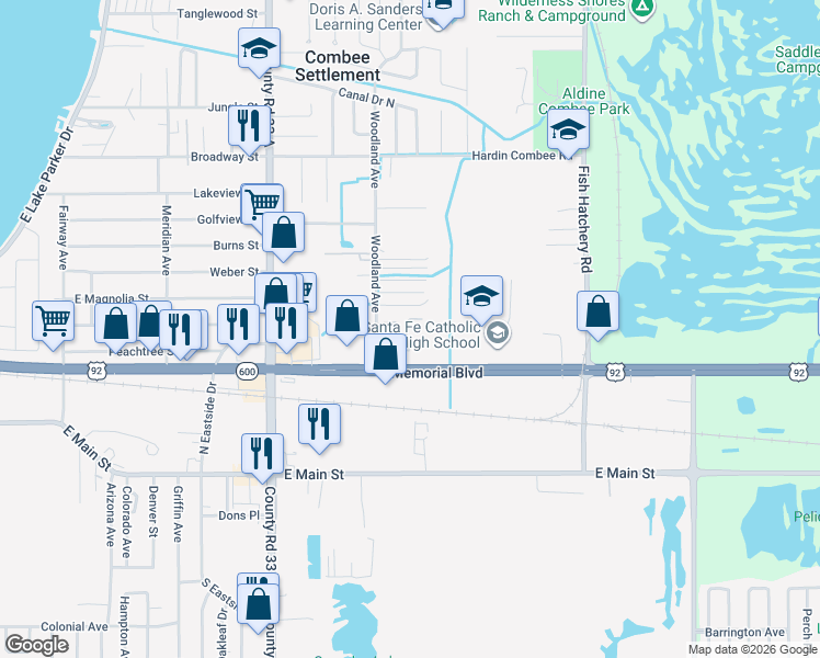 map of restaurants, bars, coffee shops, grocery stores, and more near 425 Woodland Avenue in Lakeland