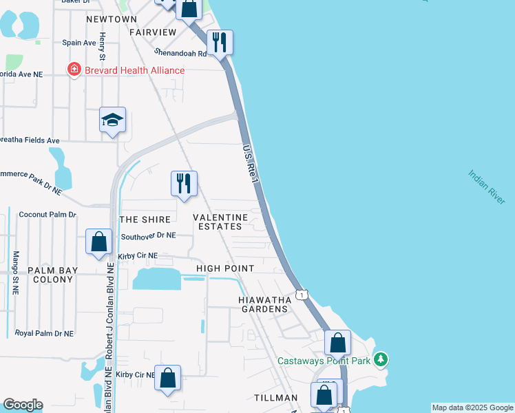 map of restaurants, bars, coffee shops, grocery stores, and more near 3620 Dixie Highway Northeast in Palm Bay