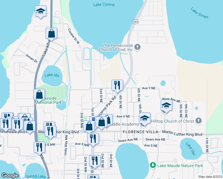map of restaurants, bars, coffee shops, grocery stores, and more near 311 Avenue Y Northeast in Winter Haven