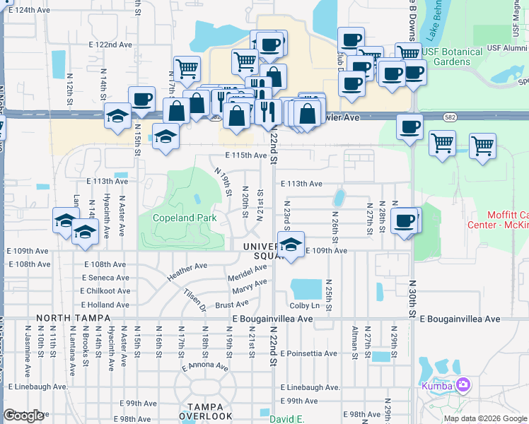 map of restaurants, bars, coffee shops, grocery stores, and more near 11106 North 21st Street in Tampa