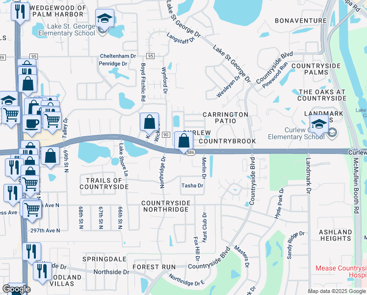 map of restaurants, bars, coffee shops, grocery stores, and more near 105 Pinebark Drive in Palm Harbor