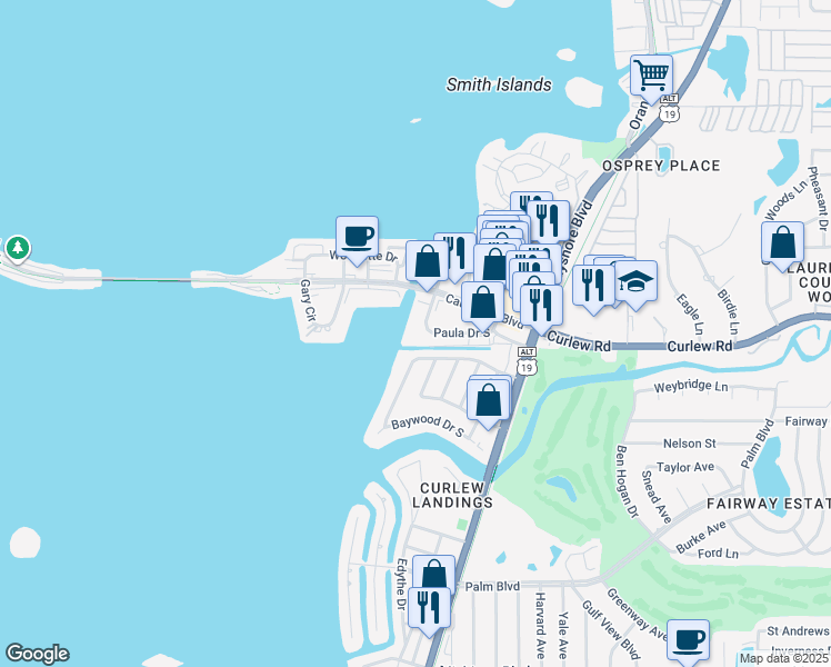 map of restaurants, bars, coffee shops, grocery stores, and more near 423 Paula Drive South in Dunedin