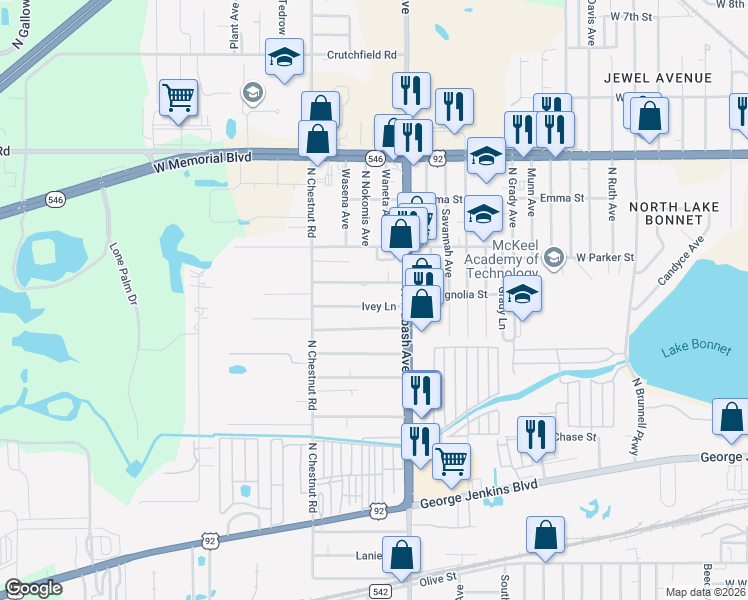map of restaurants, bars, coffee shops, grocery stores, and more near 2128 Yeats Street in Lakeland