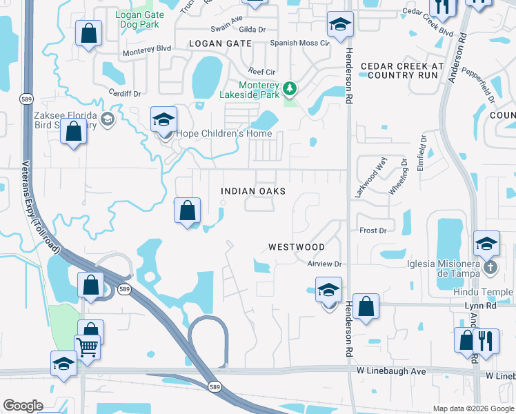 map of restaurants, bars, coffee shops, grocery stores, and more near 11130 Indian Oaks Drive in Tampa