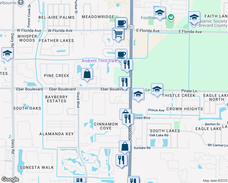 map of restaurants, bars, coffee shops, grocery stores, and more near 151 Eber Boulevard in Melbourne
