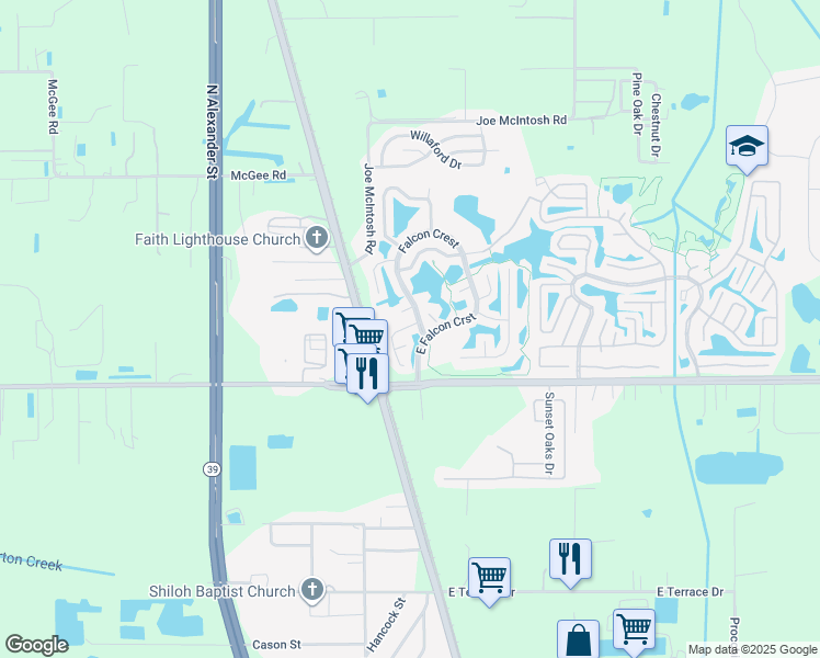 map of restaurants, bars, coffee shops, grocery stores, and more near 521 Chickadee Court in Plant City