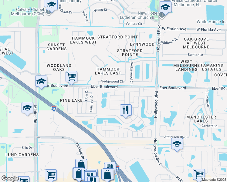 map of restaurants, bars, coffee shops, grocery stores, and more near 2455 Eber Boulevard in West Melbourne