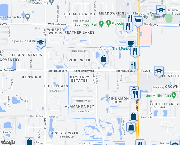 map of restaurants, bars, coffee shops, grocery stores, and more near 3901 Veranda Court in Melbourne