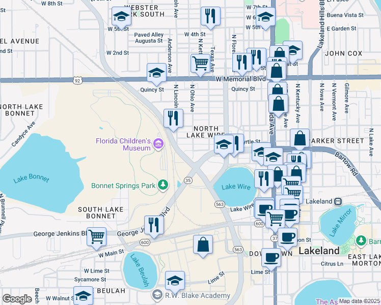 map of restaurants, bars, coffee shops, grocery stores, and more near 707 West Magnolia Street in Lakeland