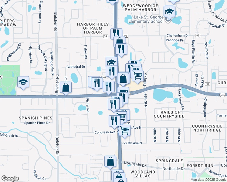 map of restaurants, bars, coffee shops, grocery stores, and more near 30608 US Highway 19 North in Palm Harbor