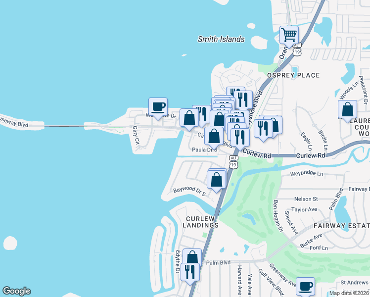 map of restaurants, bars, coffee shops, grocery stores, and more near 423 Paula Drive South in Dunedin