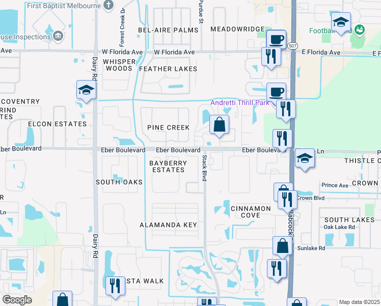 map of restaurants, bars, coffee shops, grocery stores, and more near 4006 Wilkes Drive in Melbourne