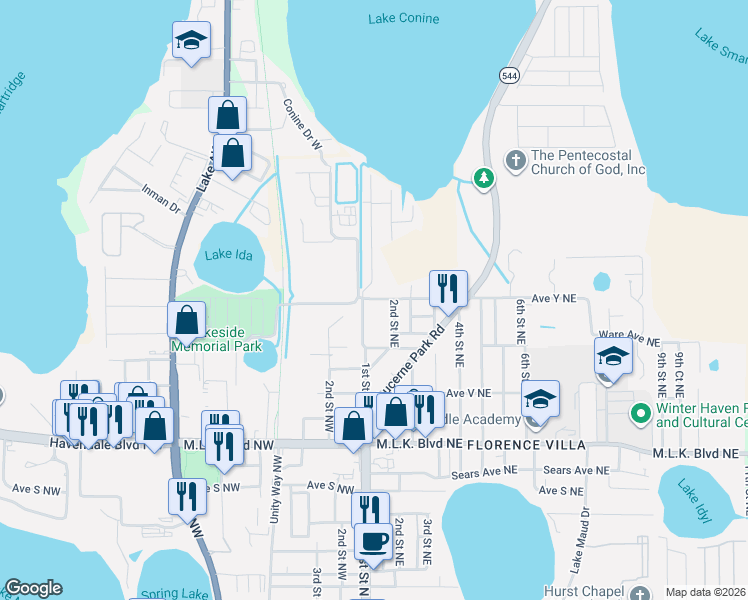 map of restaurants, bars, coffee shops, grocery stores, and more near 123 Avenue Y Northeast in Winter Haven